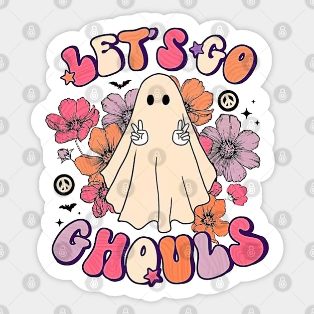 Let's Go Ghouls Halloween Ghost Outfit Costume Retro Groovy Sticker by masterpiecesai